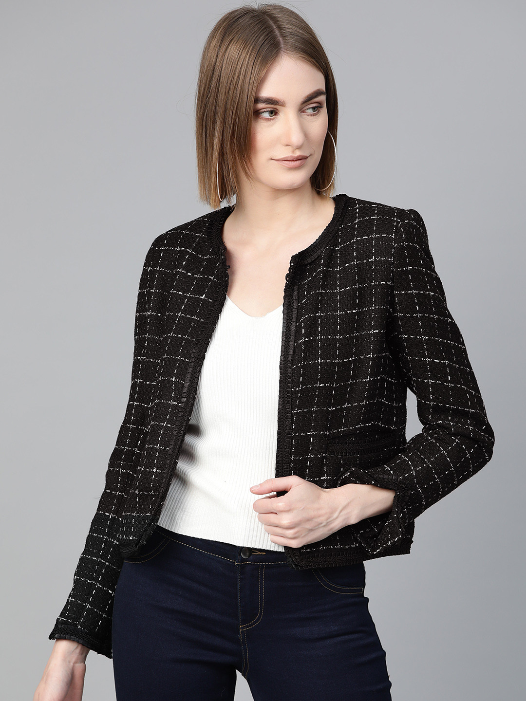 Van Heusen Woman Black & White Checked Open Front Blazer