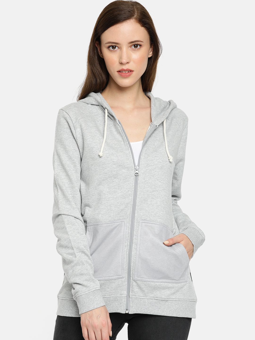 Wrangler Women Grey Melange Solid Hooded Sweatshirt