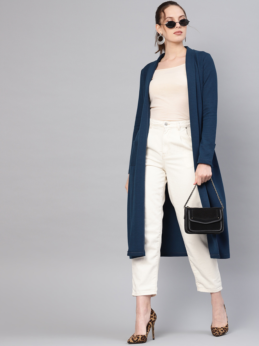 SASSAFRAS Women Teal Blue Longline Solid Open Front Winter Shrug