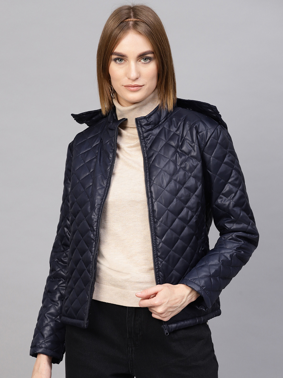 SASSAFRAS Women Navy Blue Solid Quilted Jacket with Detachable Hood