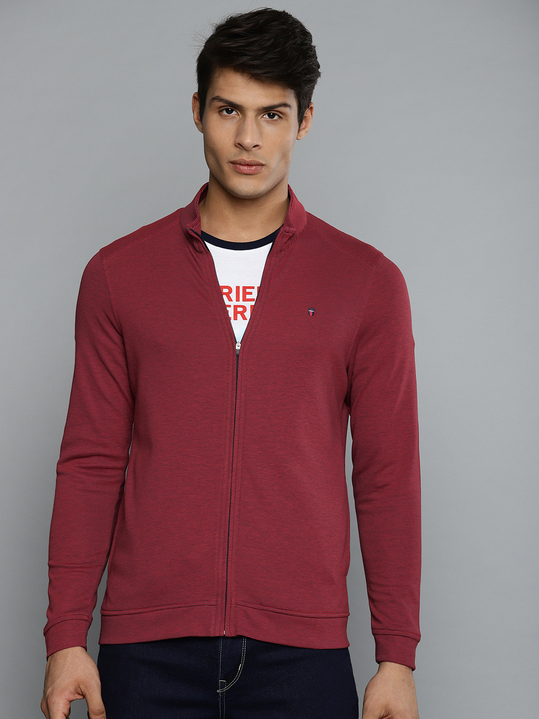 Louis Philippe Sport Men Maroon & Navy Blue Striped Sweatshirt