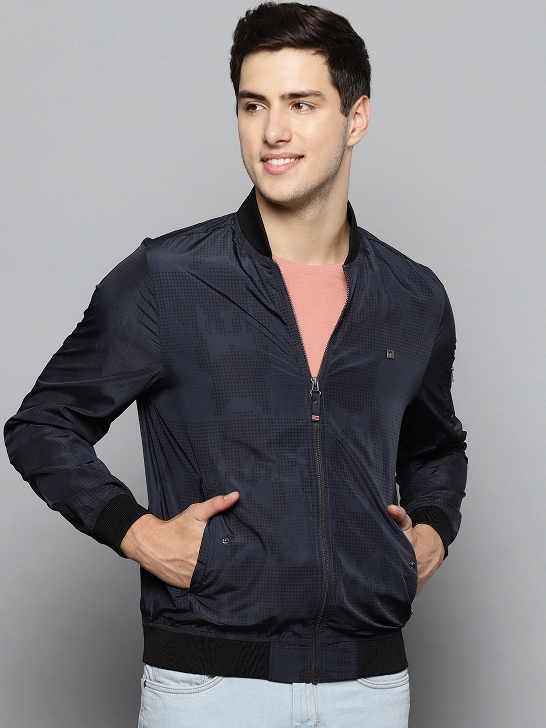 Buy Louis Philippe Sport Men Navy Blue Black Printed Bomber Jacket Jackets for Men 10857550 Myntra