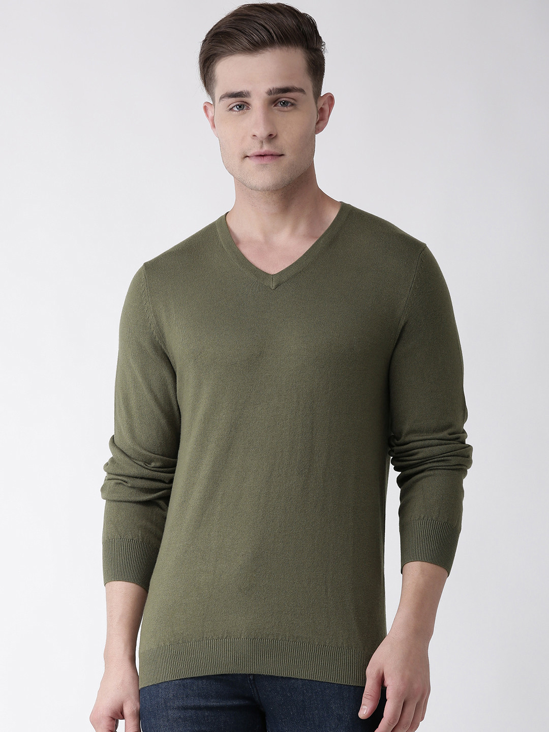 Celio Men Olive Green Solid Pullover Sweater