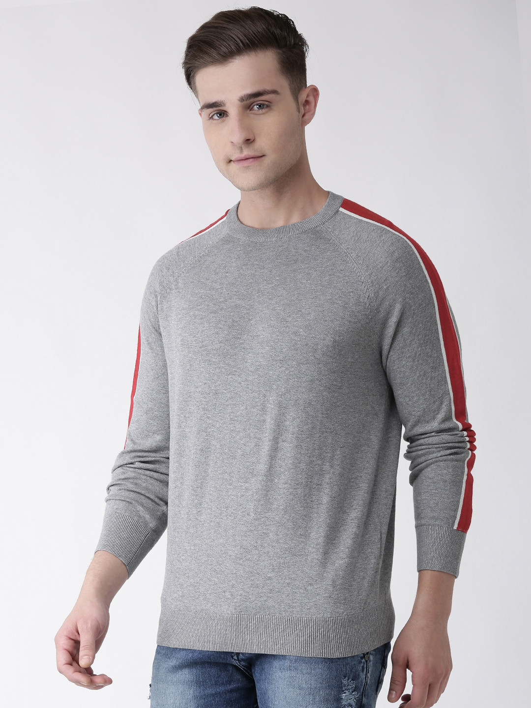 Celio Men Grey Melange Solid Pullover Sweater