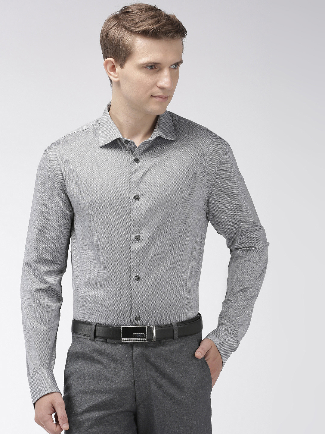 Celio Men Black & White Slim Fit Self Design Easy Iron Formal Shirt