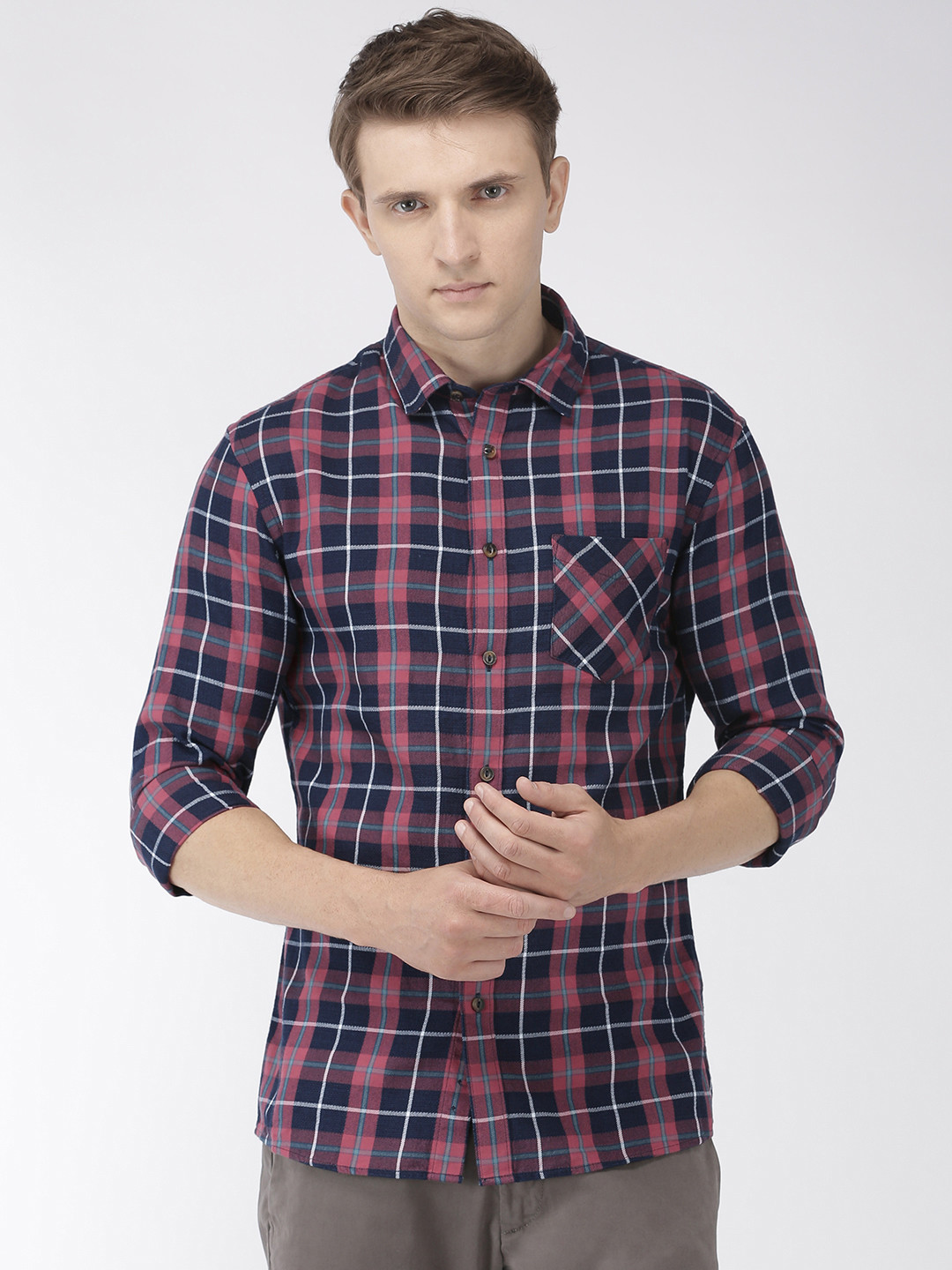 Celio Men Pink & Navy Blue Slim Fit Checked Casual Shirt