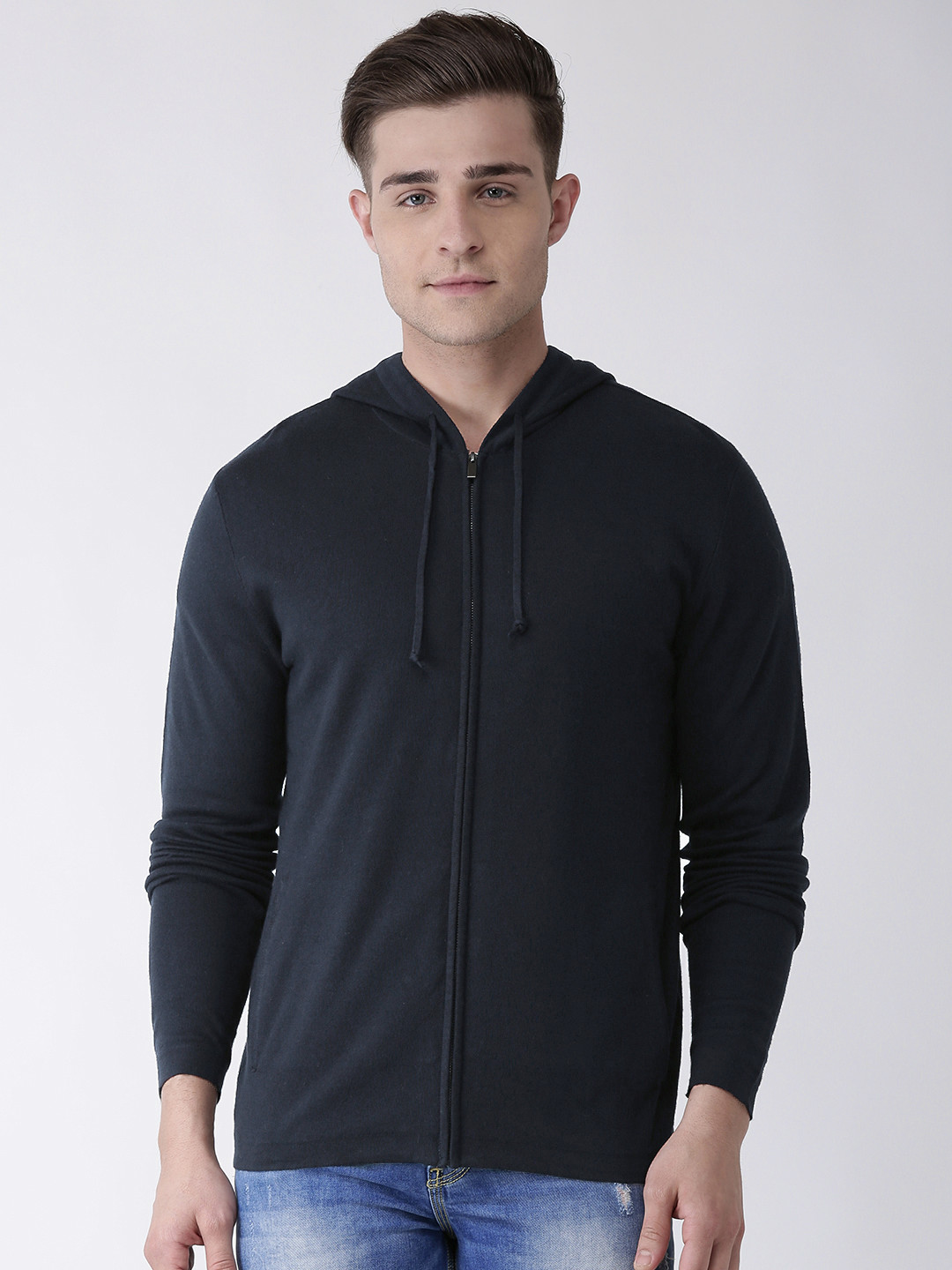 Celio Men Navy Blue Solid Hooded Cardigan Sweater