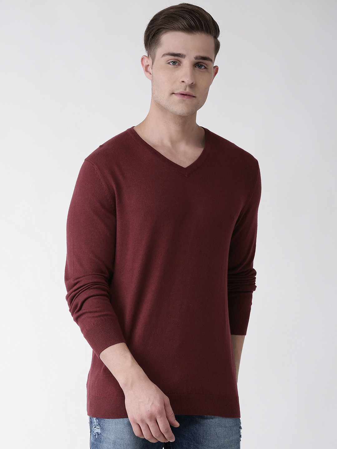 Celio Men Burgundy Solid Pullover Sweater