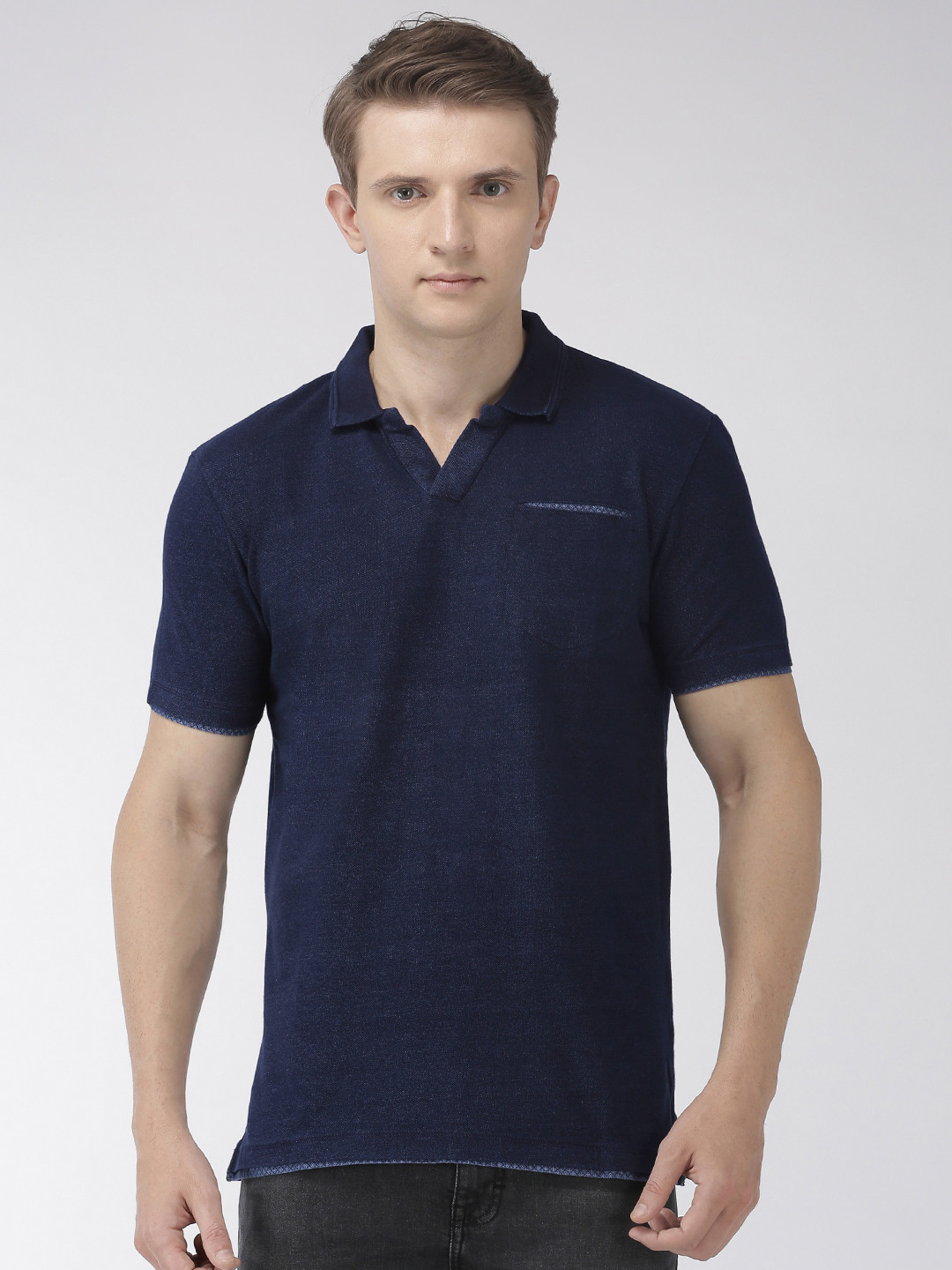 Celio Men Navy Blue Solid Polo Collar Pure Cotton T-shirt