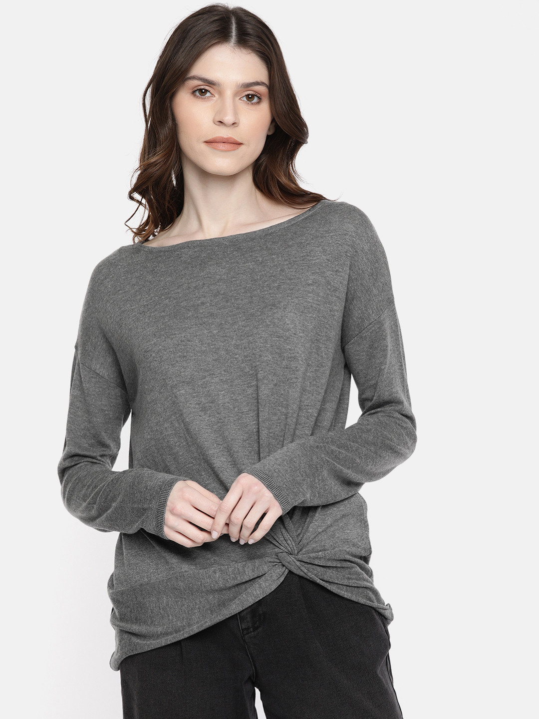 promod Women Grey Solid Pullover Sweater