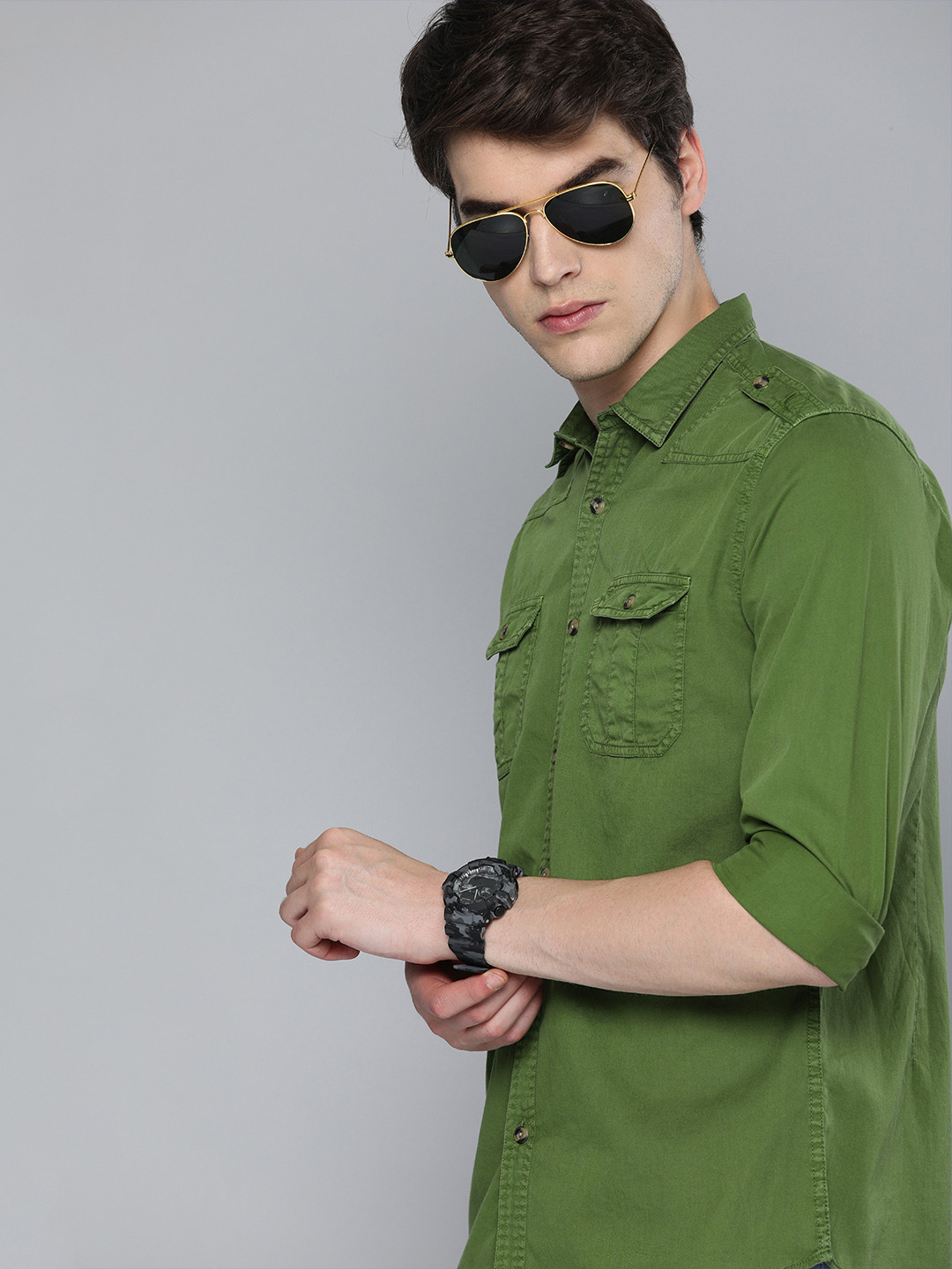 HERE&NOW Men Olive Green Slim Fit Solid Casual Shirt