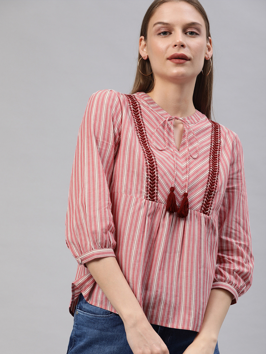 Chemistry Women Pink & White Striped A-Line Top with Embroidery Detail