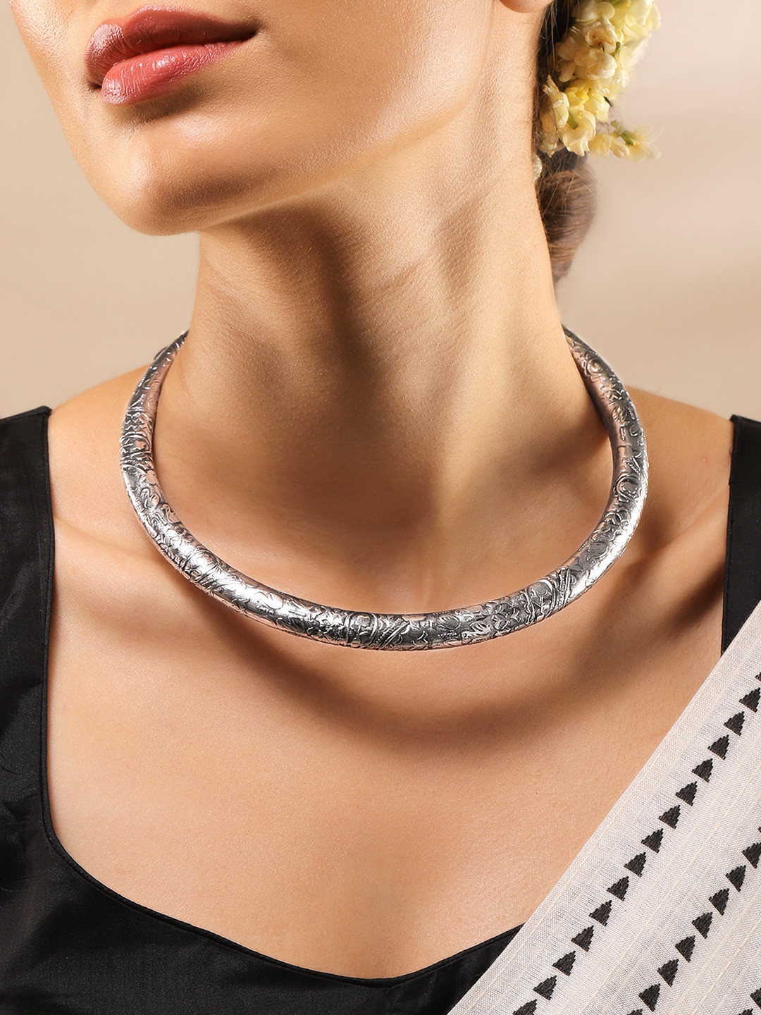 Rubans  Oxidised  Silver Plated Floral and Geometric Design Choker Necklace