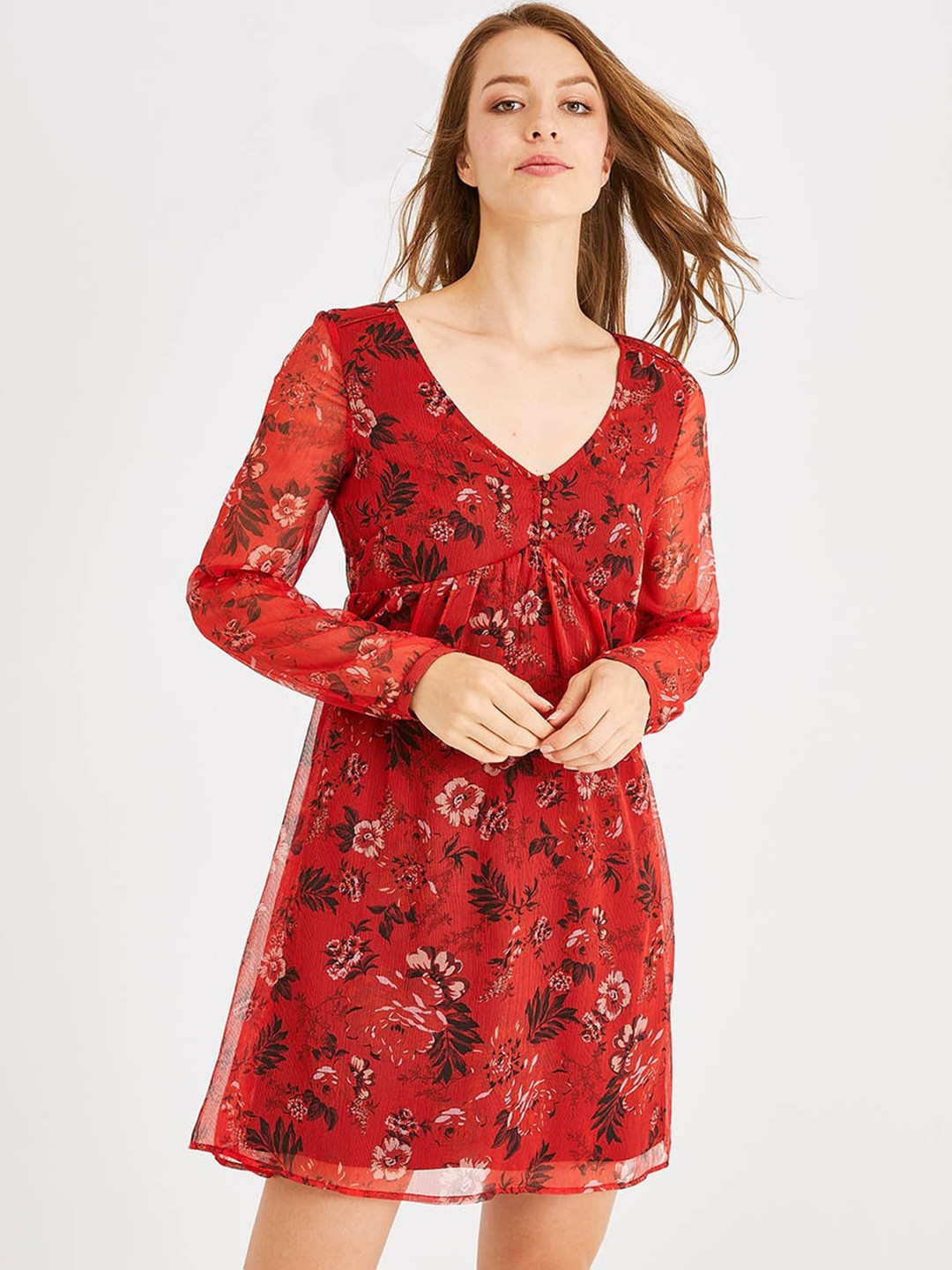 promod Women Printed Red & Black Floral Print Empire Dress