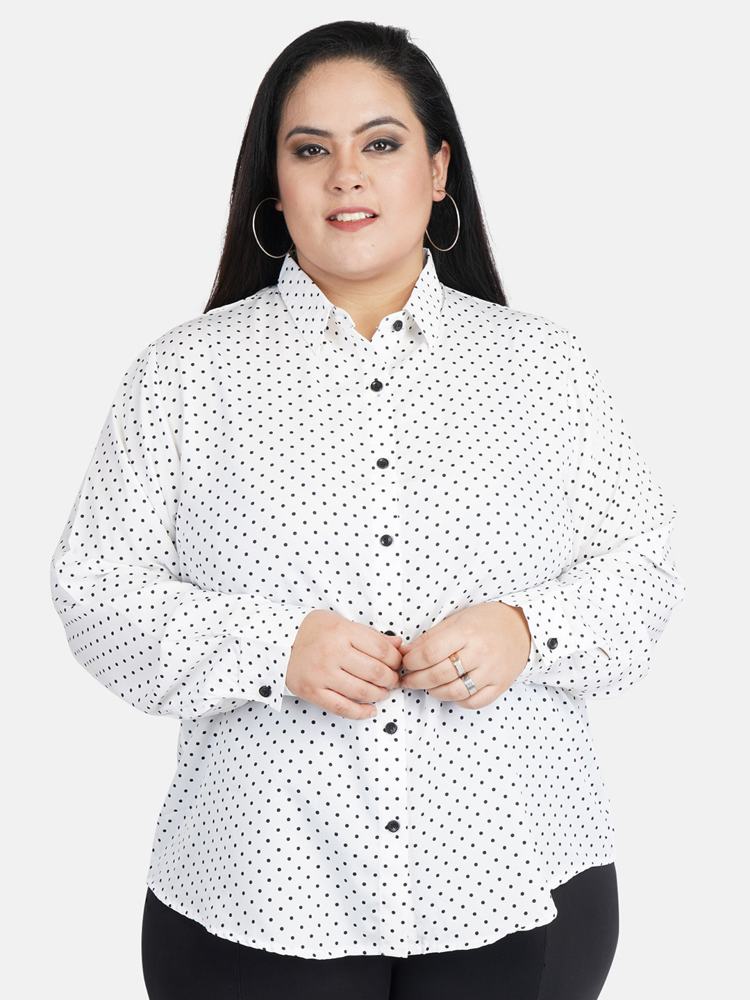Indietoga Women's Plus Size White & Black Printed Slim Fit Formal Shirt