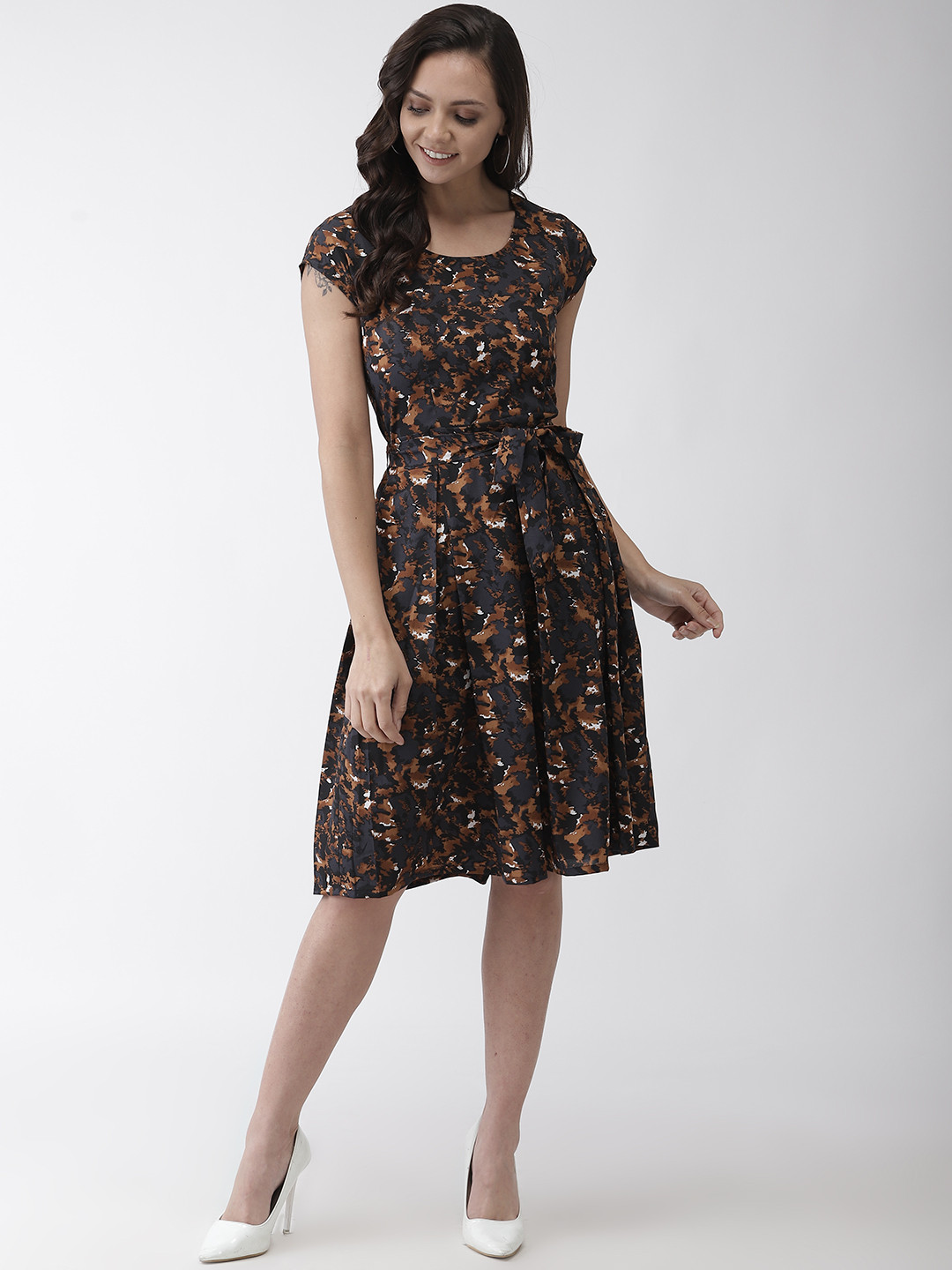 WISSTLER Women Charcoal Grey & Brown Printed Fit and Flare Dress