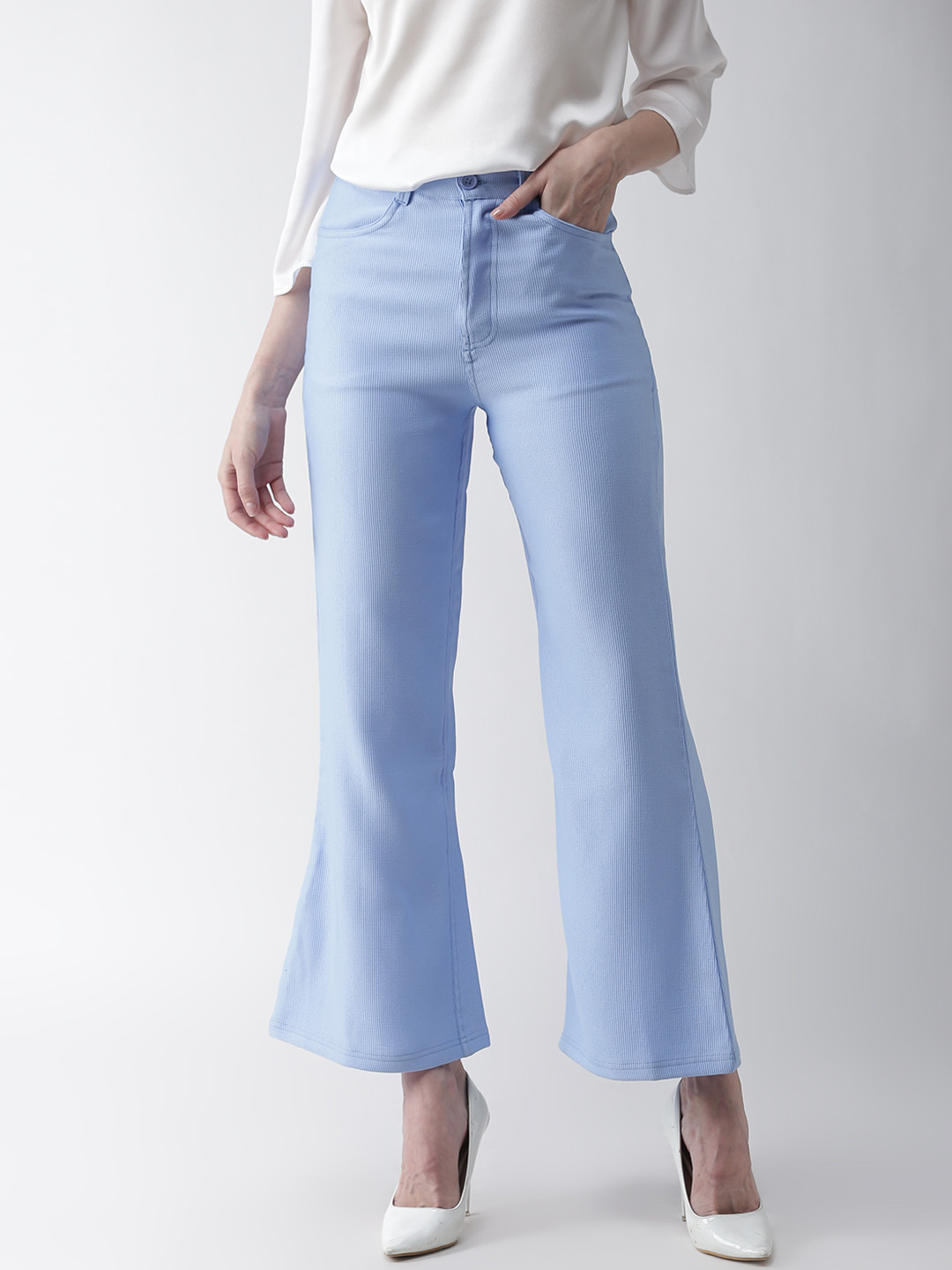 plusS Women Blue Flared Self-Striped Cropped Bootcut Trousers