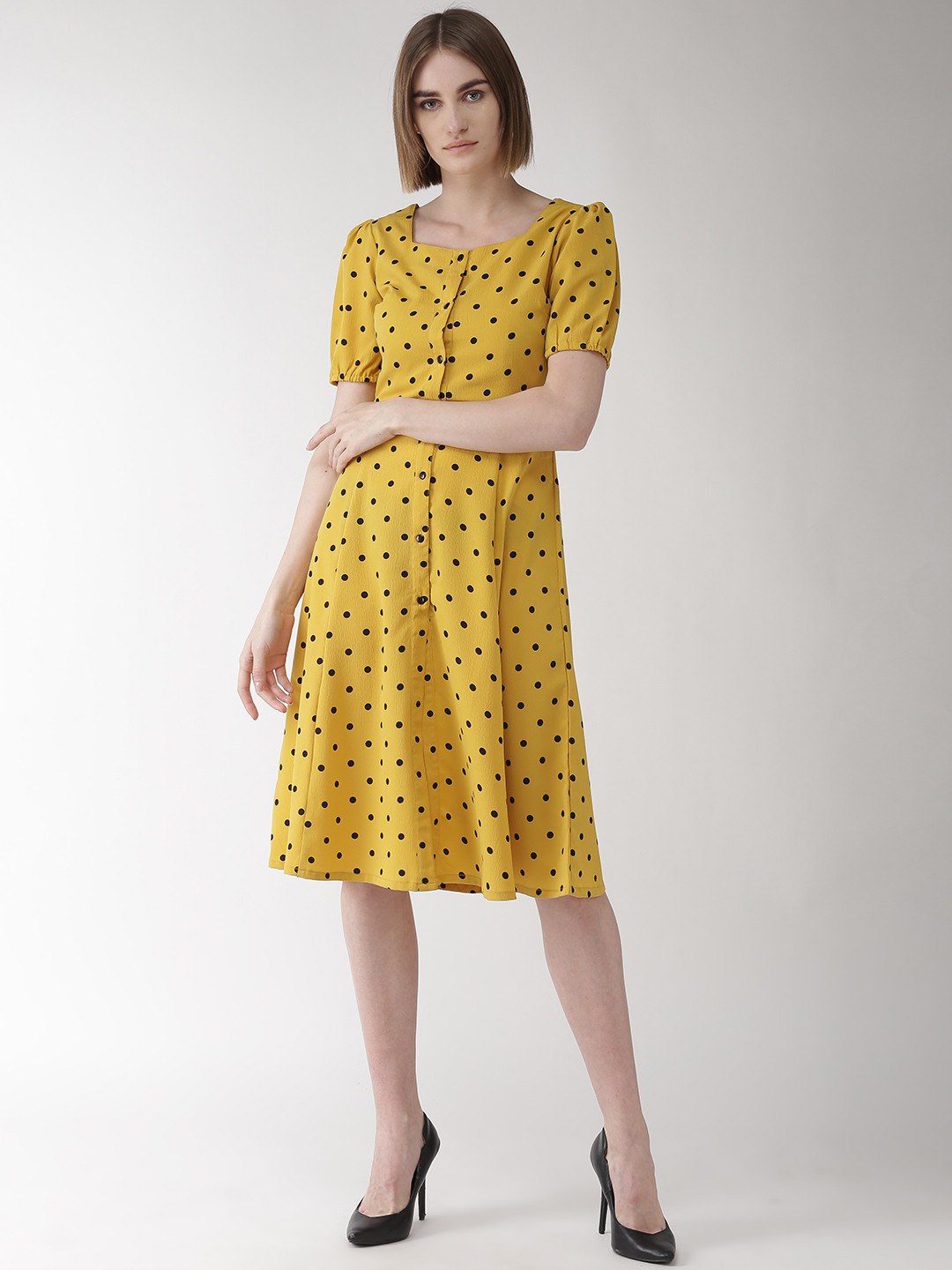 plusS Women Mustard Yellow & Black Polka Dot Printed Fit & Flare Dress