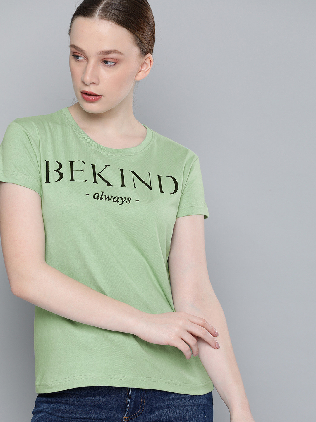 DILLINGER Women Green Printed Round Neck Regular Fit Pure Cotton T-shirt