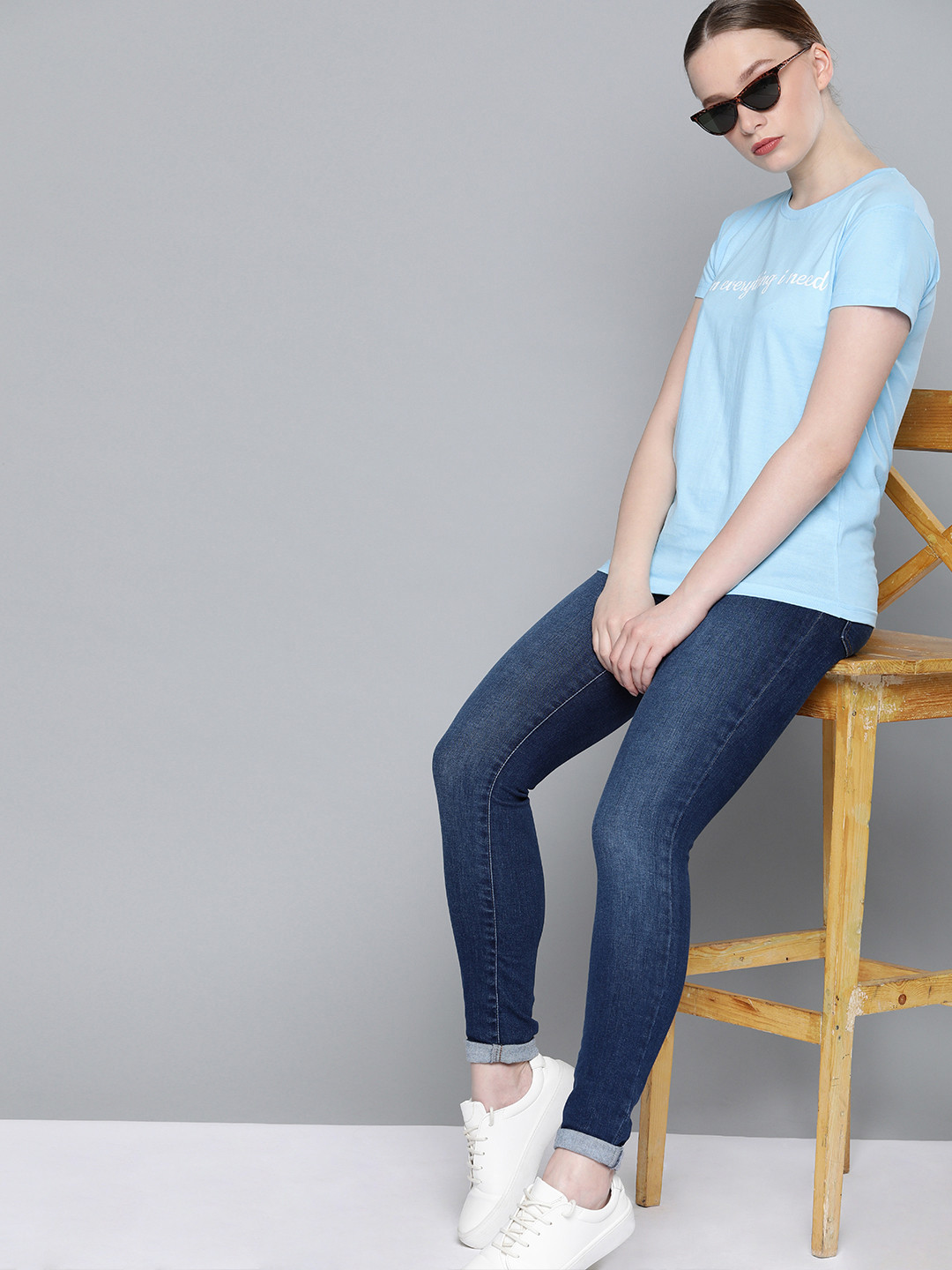 DILLINGER Women Blue Printed Round Neck Regular Fit Pure Cotton T-shirt