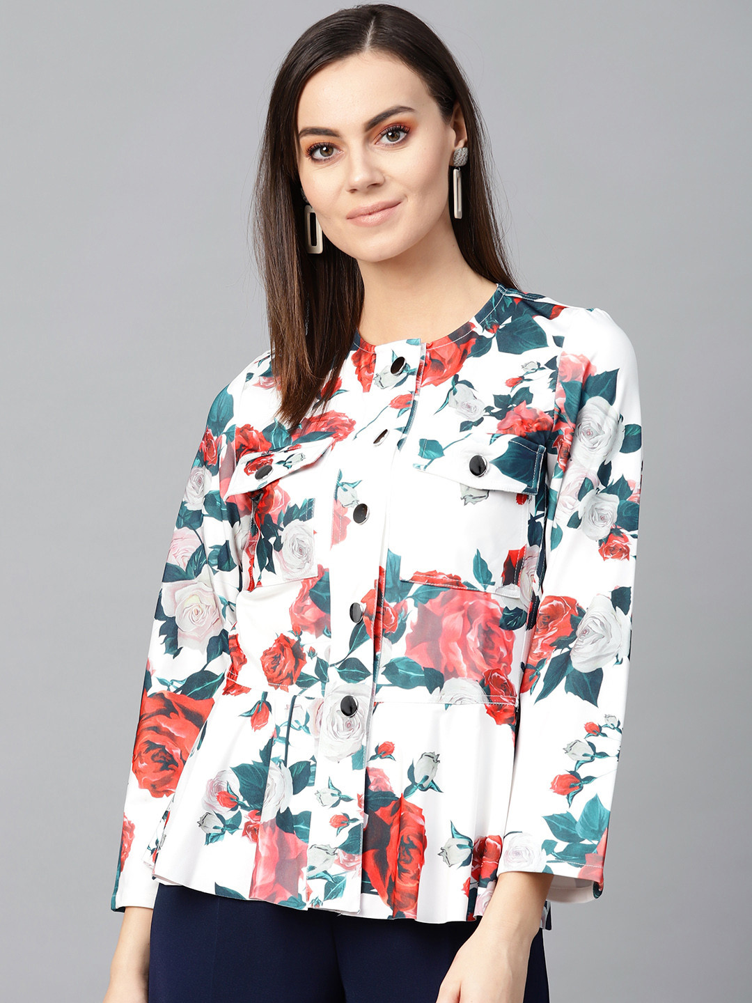 Zima Leto Women White & Red Printed Tailored Jacket