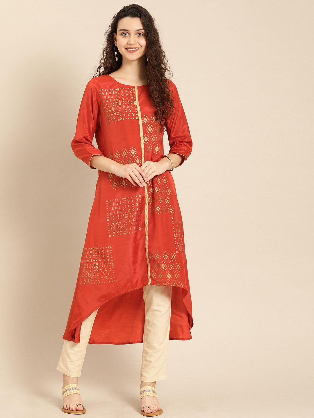 IMARA Women Rust Orange & Golden Printed A-Line Kurta