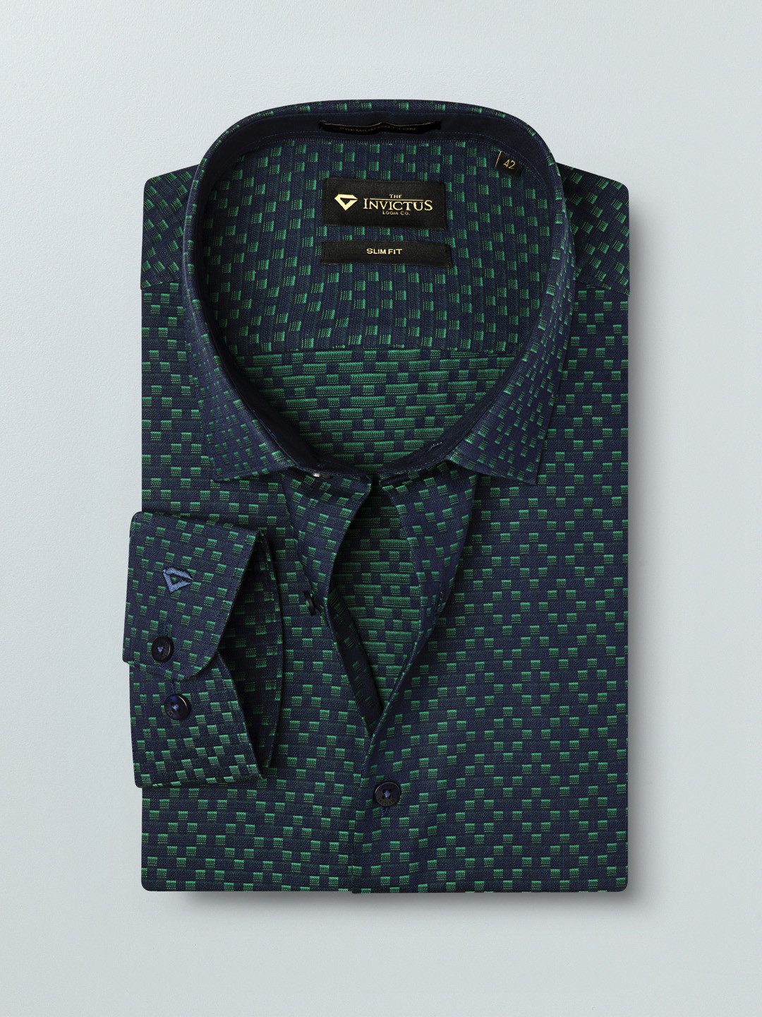 INVICTUS Men Navy Blue & Green Slim Fit Self Design  Formal Shirt