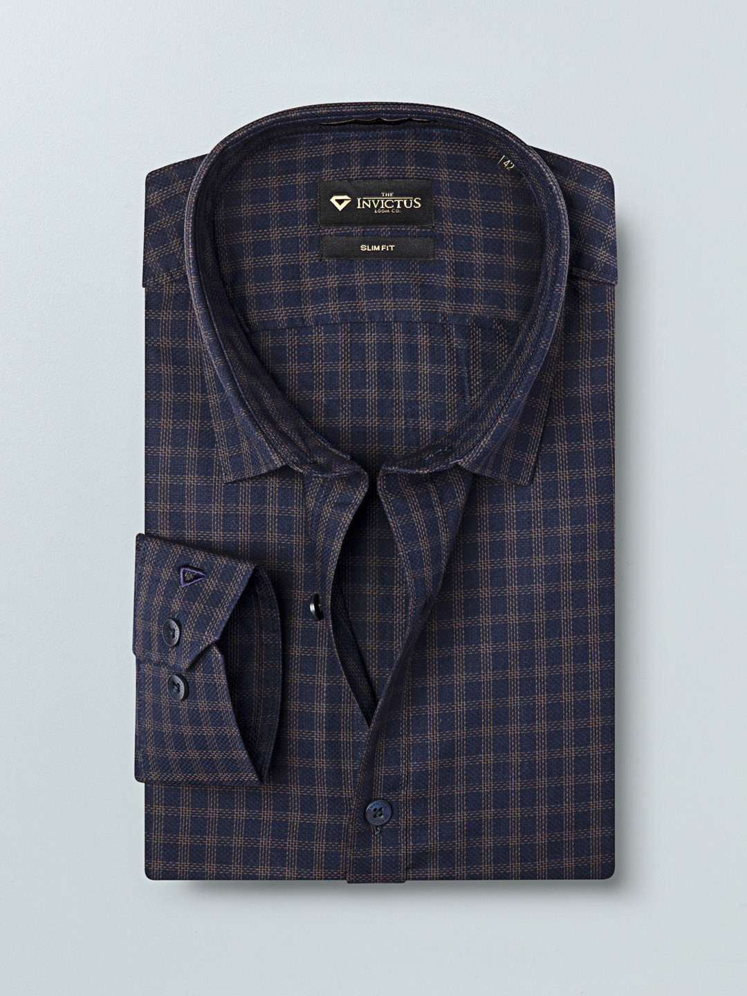 INVICTUS Men Navy Blue & Brown Slim Fit Self Design Sustainable Formal Shirt