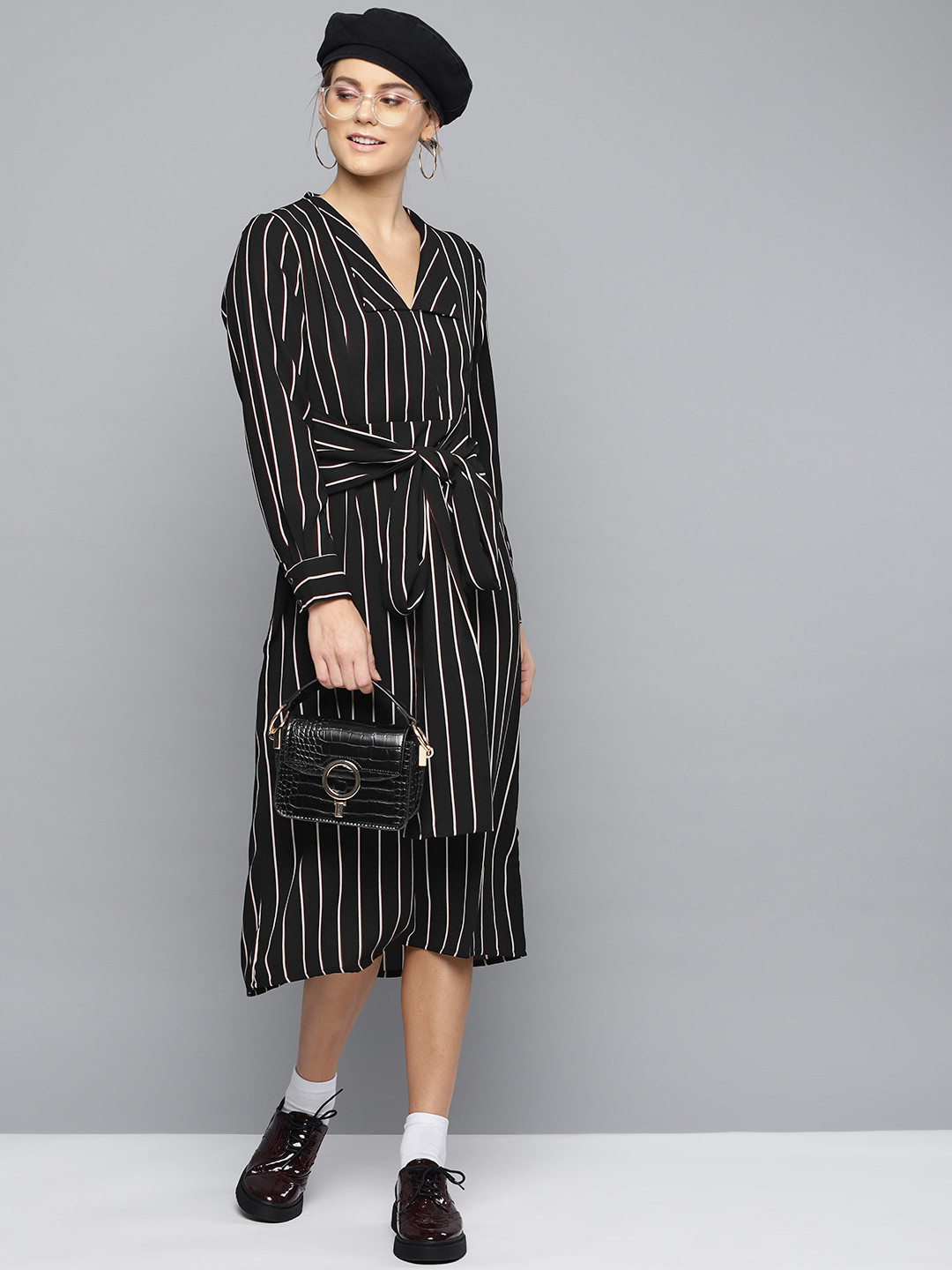 Marie Claire Women Black & Off-White Striped A-Line Dress