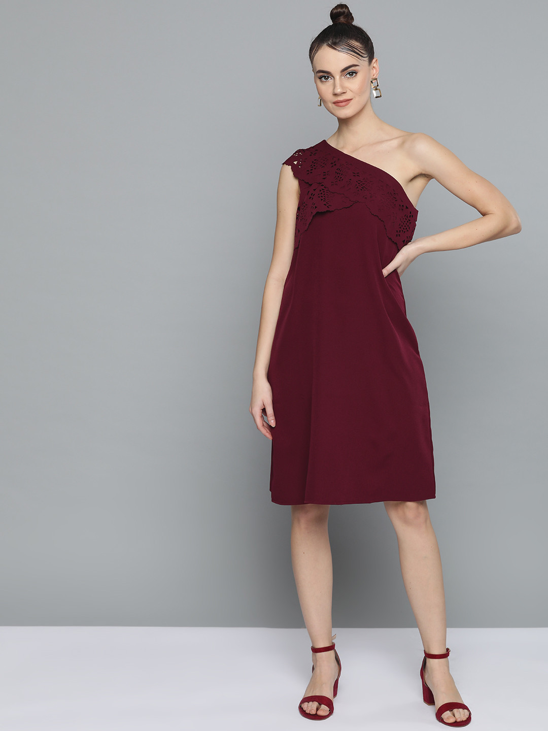 Marie Claire Burgundy One Shoulder A-Line Dress