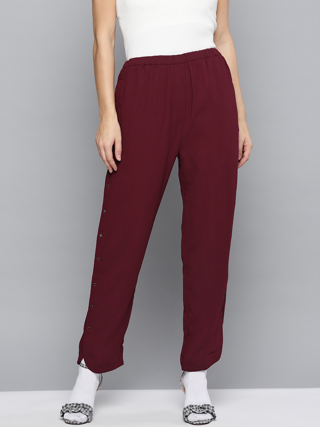 Marie Claire Women Maroon Comfort Fit Solid Regular Trousers