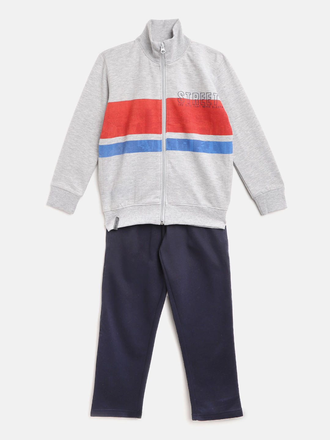 Sweet Dreams Boys Grey Melange & Navy Blue Striped Tracksuit