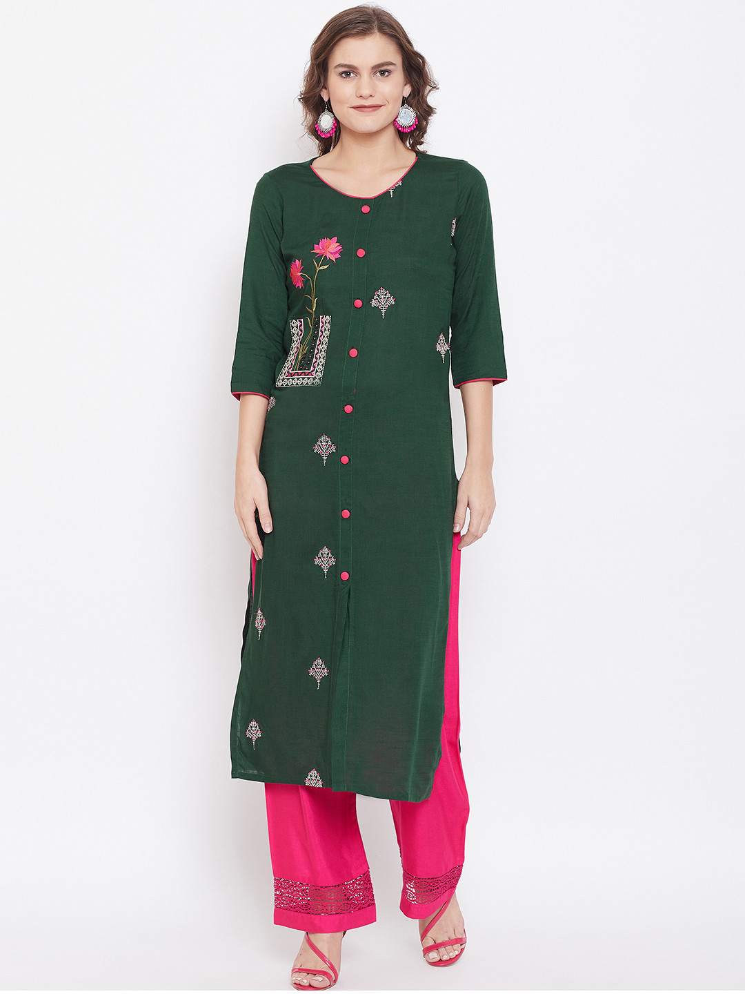 Kurti's by Menka Women Green & Pink Floral Embroidered Straight Kurta