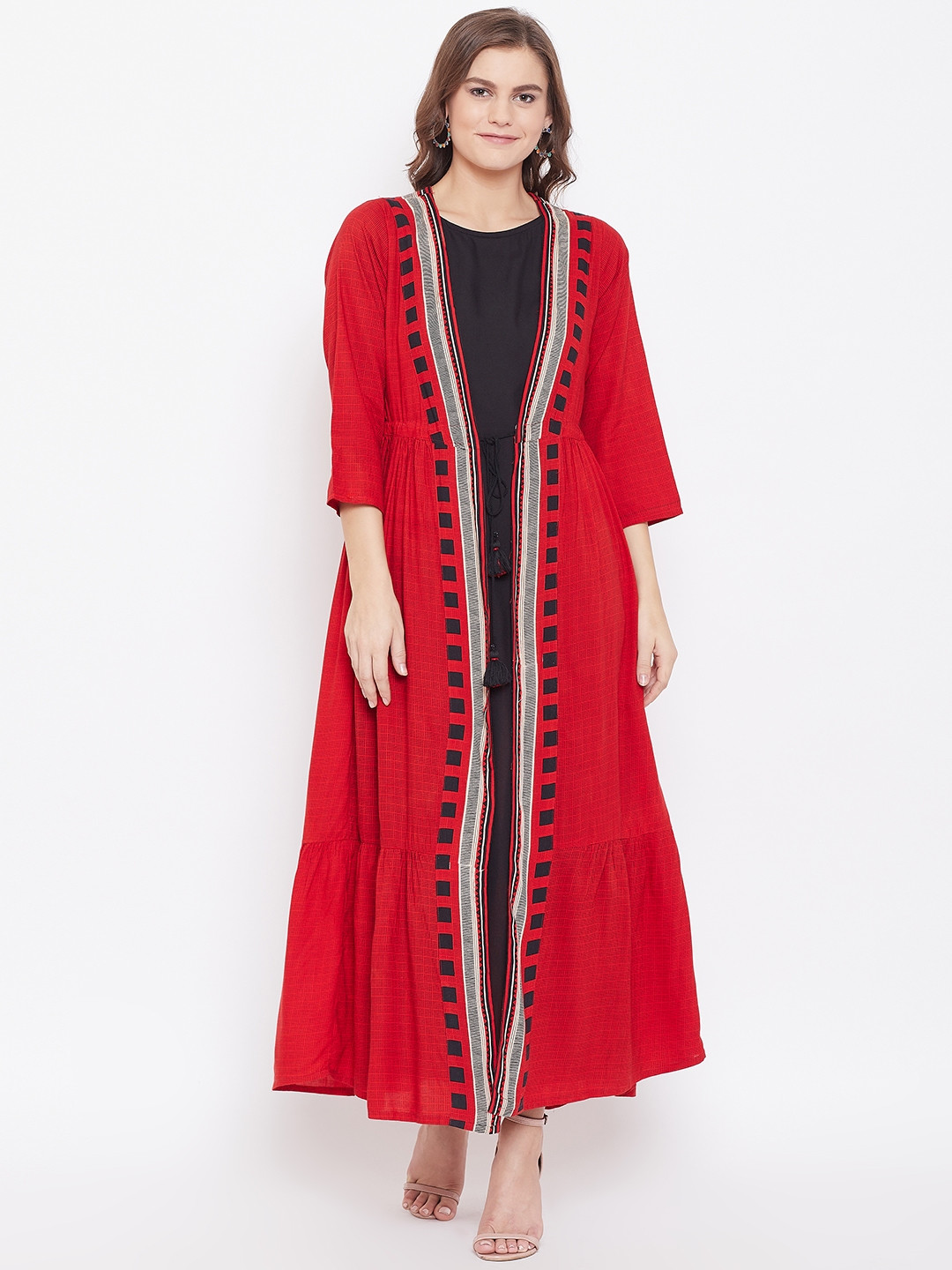Kurti's by Menka Women Red & Black Printed Layered Maxi Dress