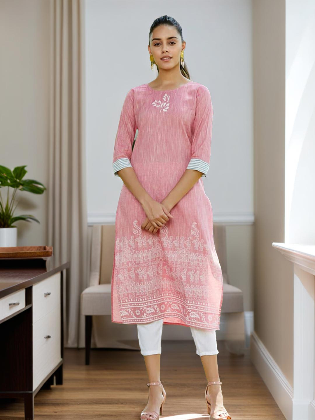 Pannkh Women Pink Block Print Straight Chambray Kurta