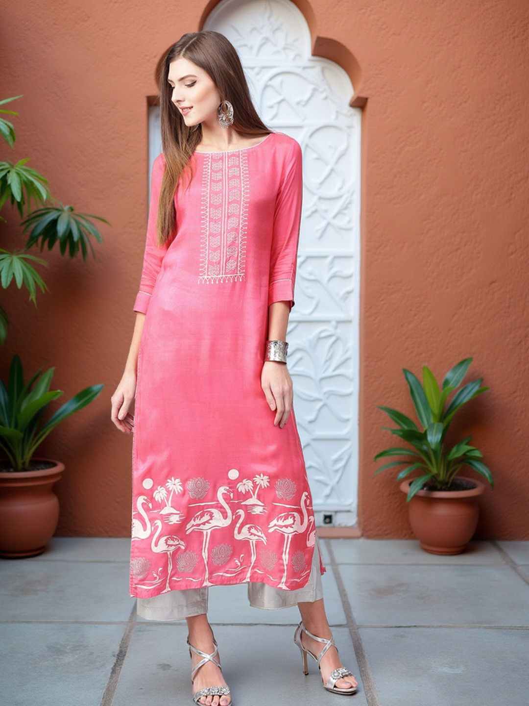 Pannkh Women Pink Printed Shantoon Straight Kurta