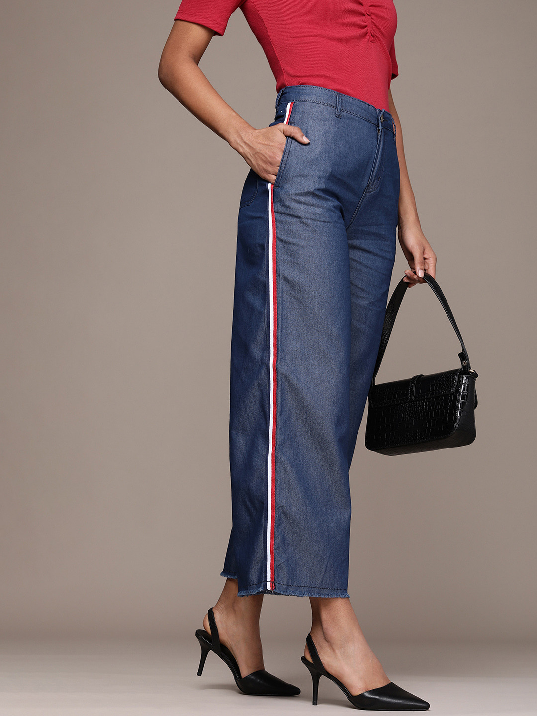 High Star Women Blue Solid Flared Trousers with Side Stripe Detail