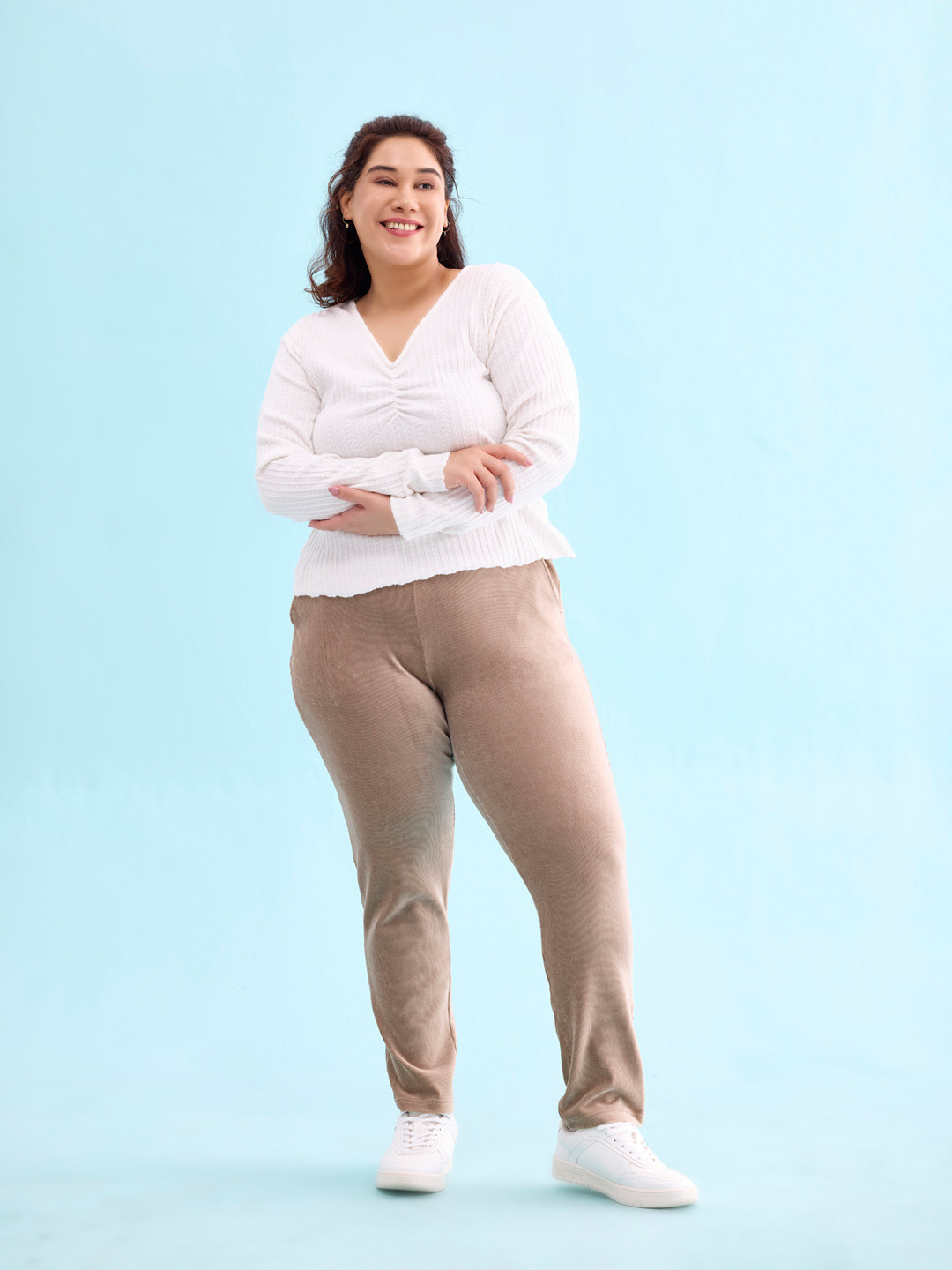 Go Colors Women Beige Solid Corduroy Treggings