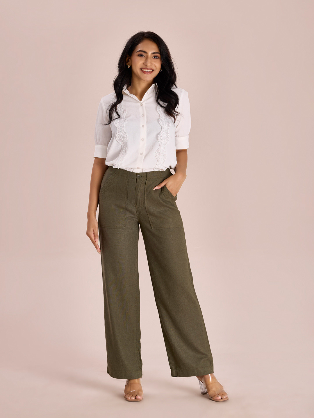 Go Colors Women Olive Green Solid Relaxed Fit Solid Parallel Trousers