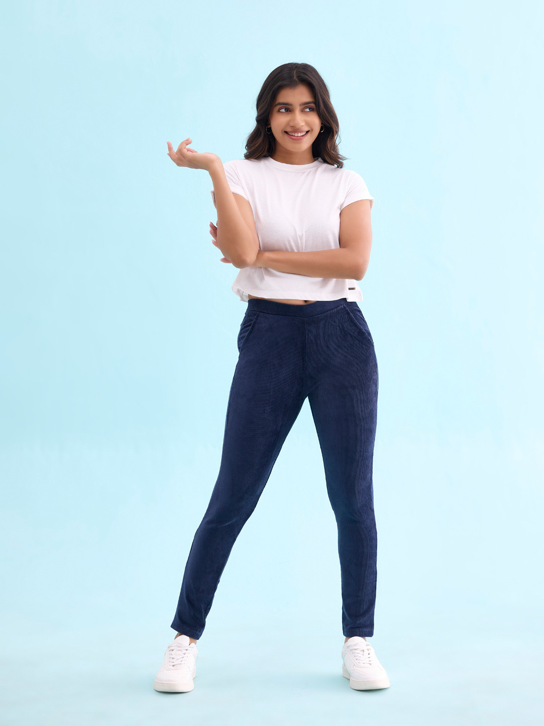 Go Colors Women Navy Blue Corduroy Treggings