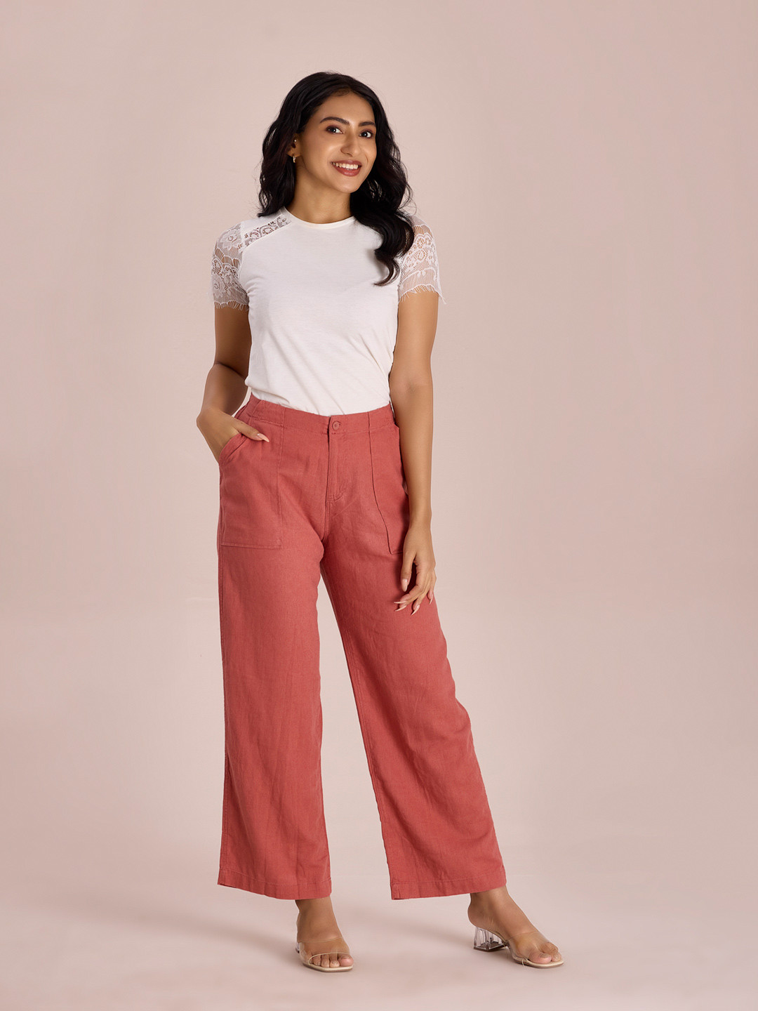 Go Colors Women Rust Pink Solid Relaxed Fit Solid Parallel Trousers