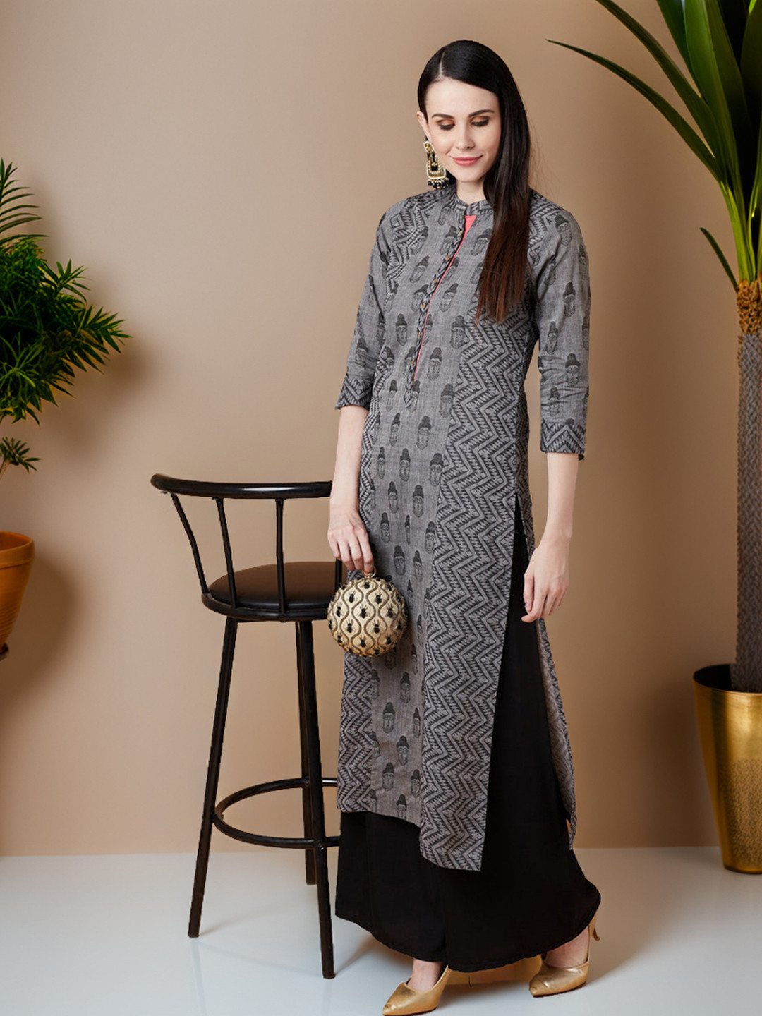 Pannkh Women Grey Printed Handloom Straight Kurta