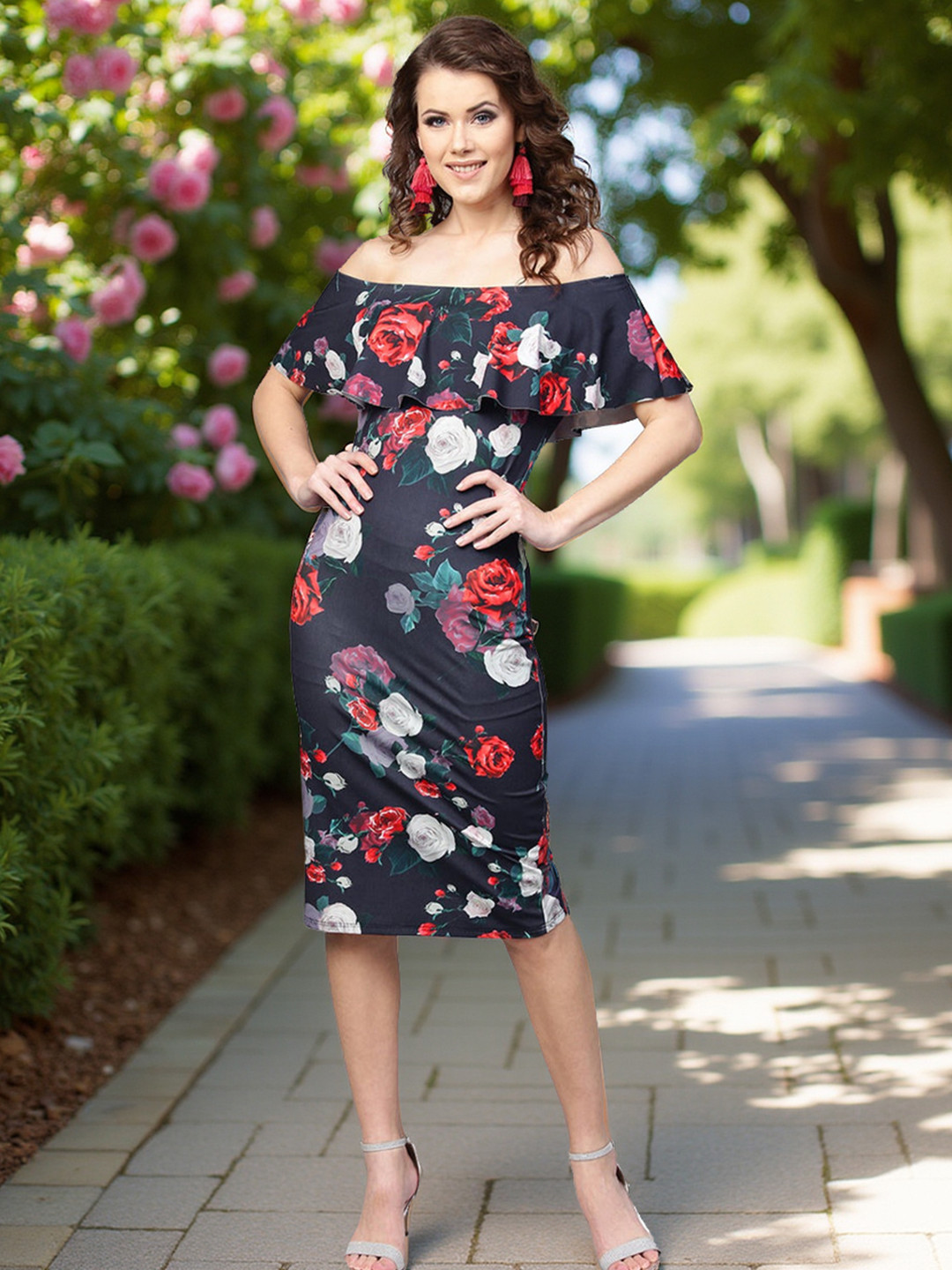 Zima Leto Women Navy Blue Floral Print Sheath Dress