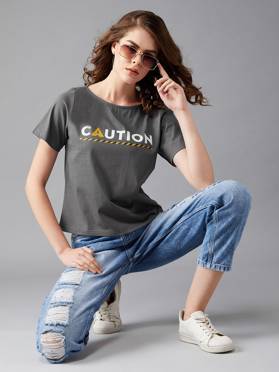 DOLCE CRUDO Women Charcoal Grey Printed Round Neck Pure Cotton T-shirt