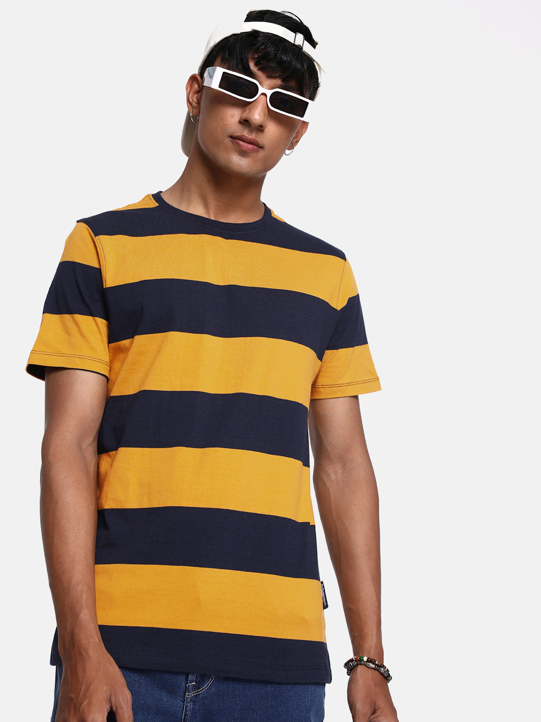 The Roadster Lifestyle Co. Mustard Yellow  Upbeat Brights Striped Pure Cotton T-shirt