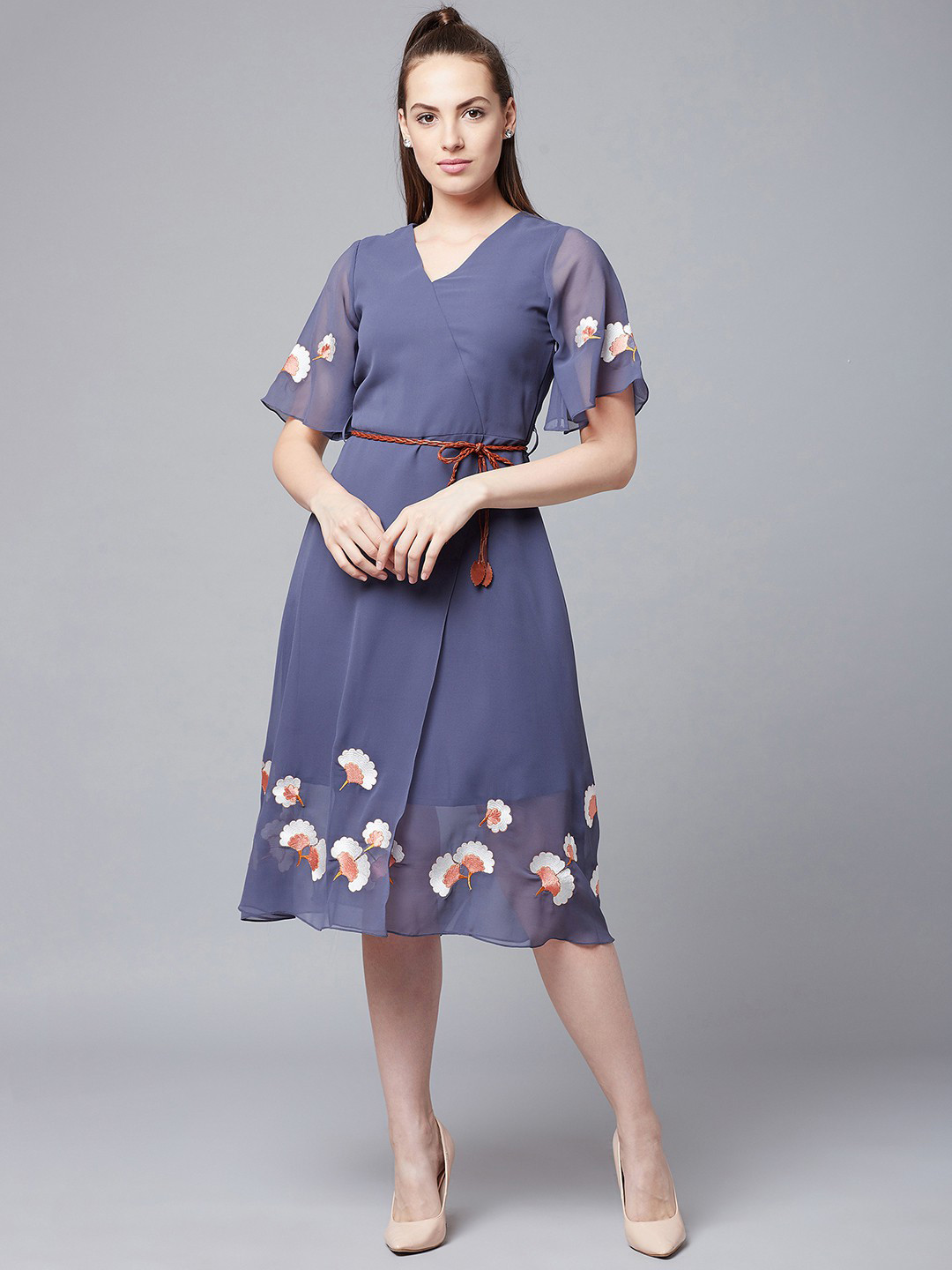 Athena Women Blue Solid Wrap Dress with Belt