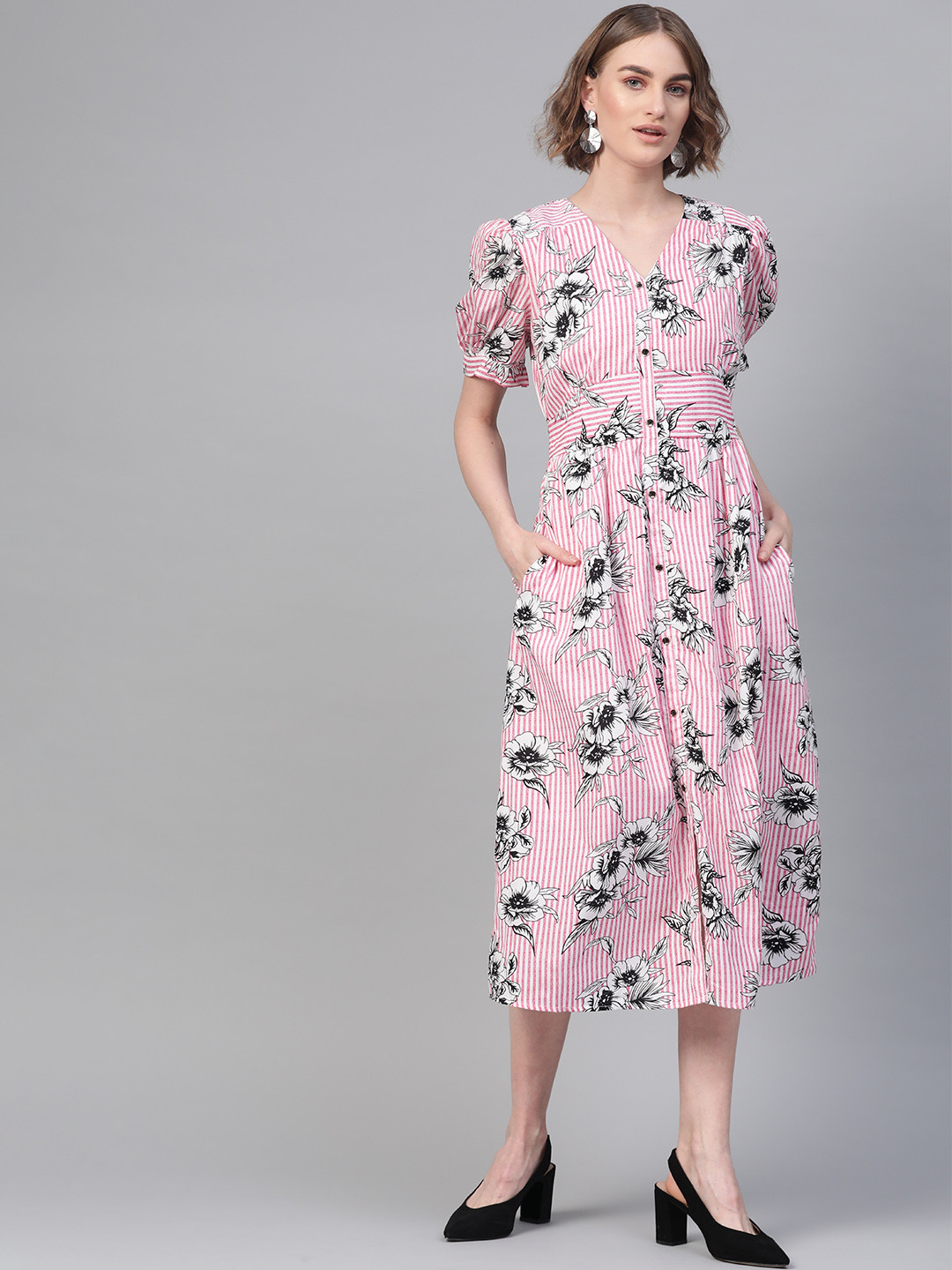 Athena Women Pink & White Striped Midi Fit & Flare Dress with Floral Print Detail