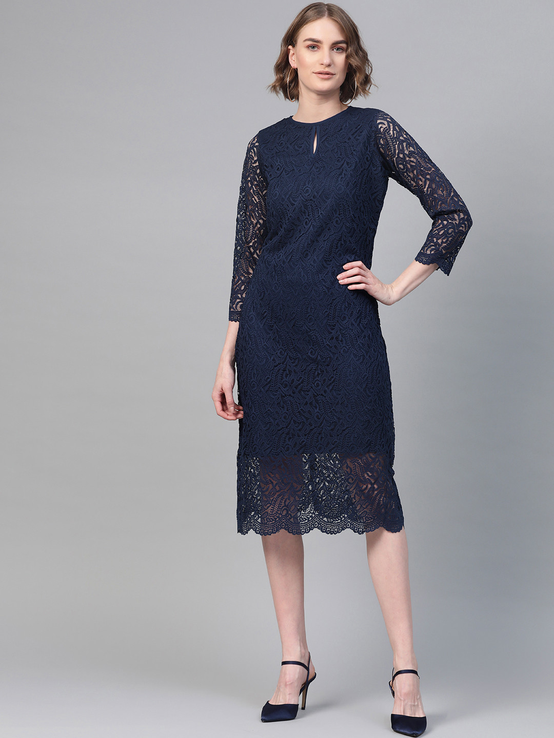 Athena Women Navy Blue Lace Sheath Dress