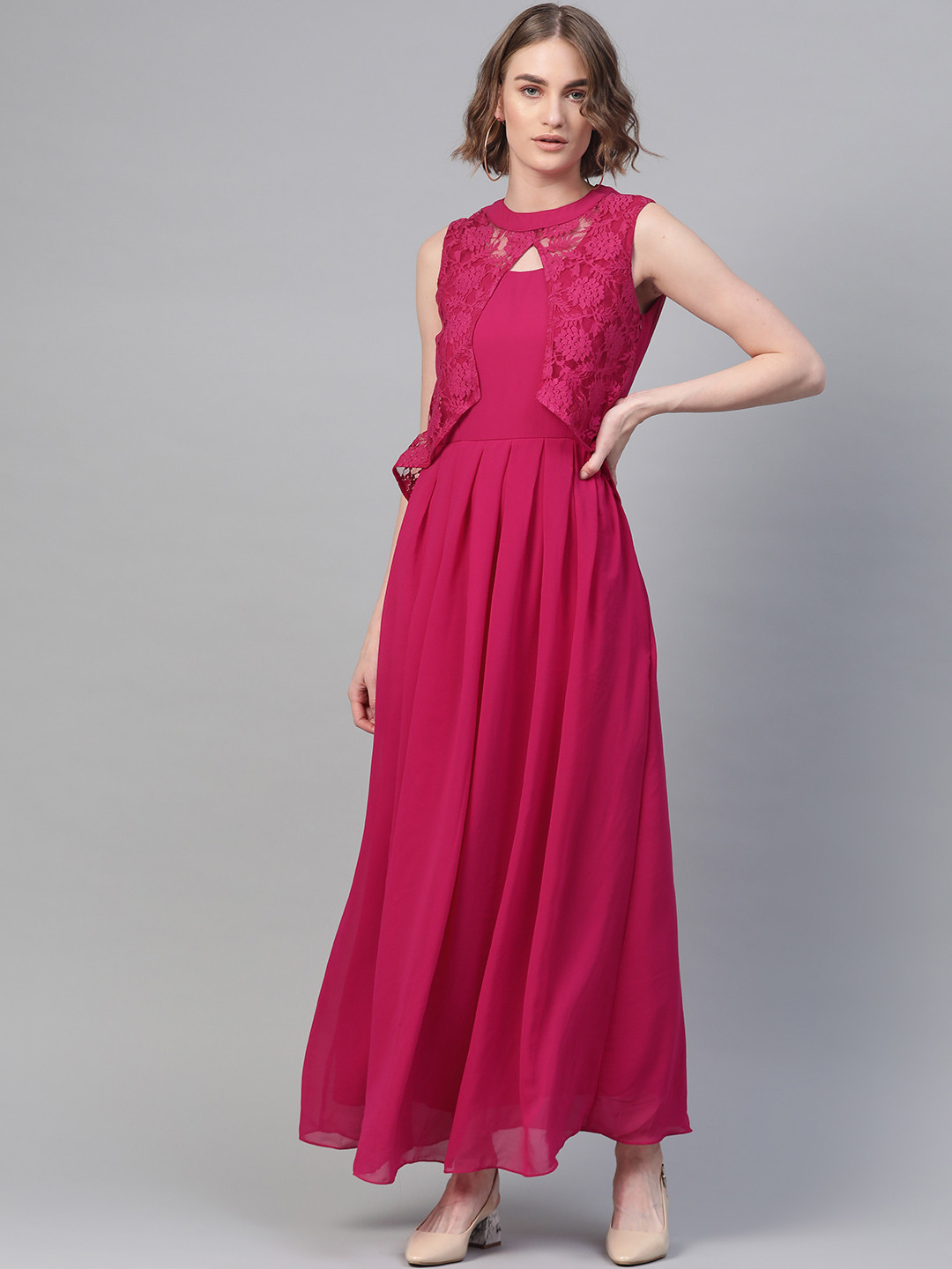 Athena Women Magenta Solid Maxi Dress with Lace Inserts Detail
