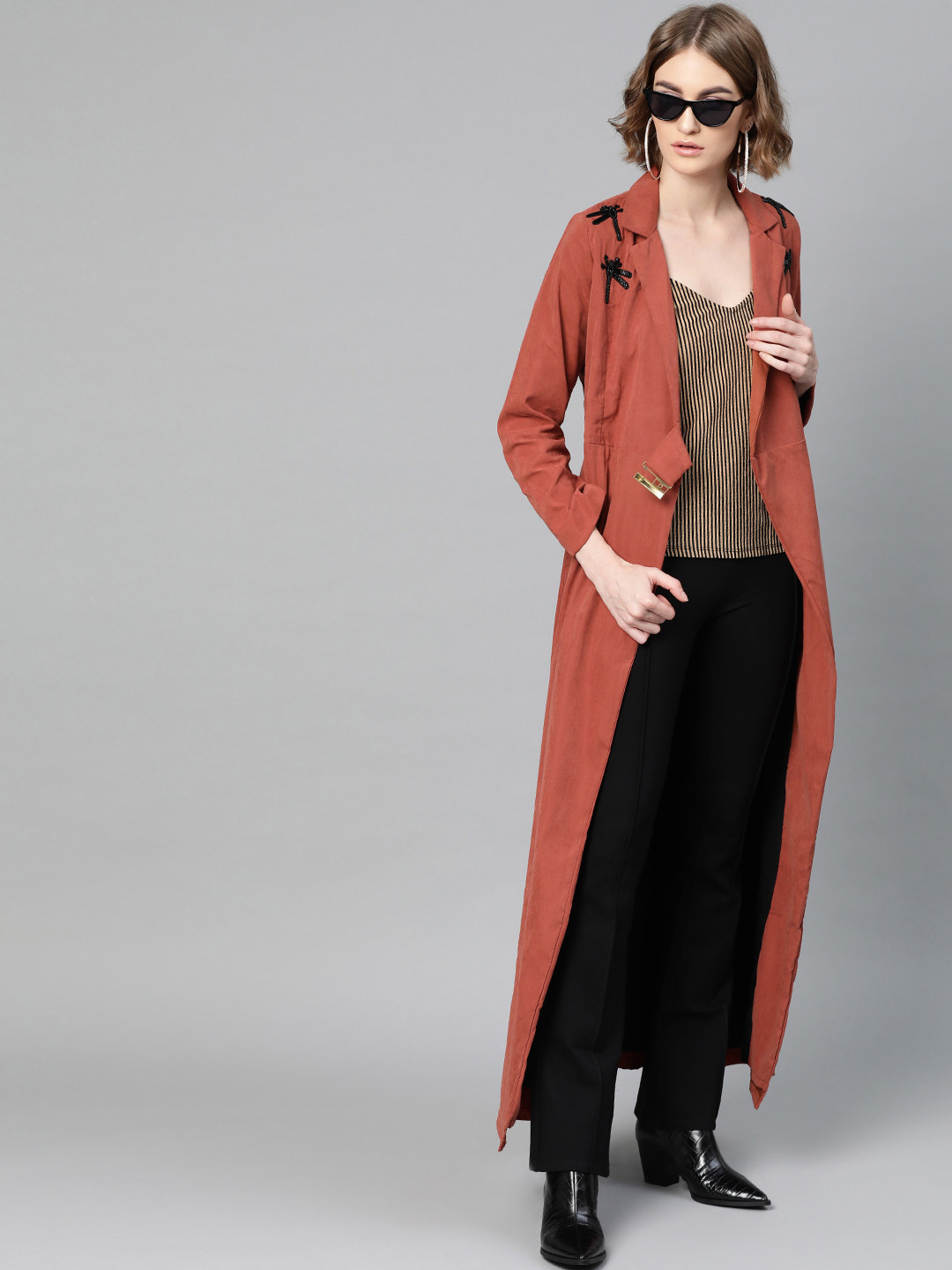 Athena Women Rust Red Solid Suede Longline Coat